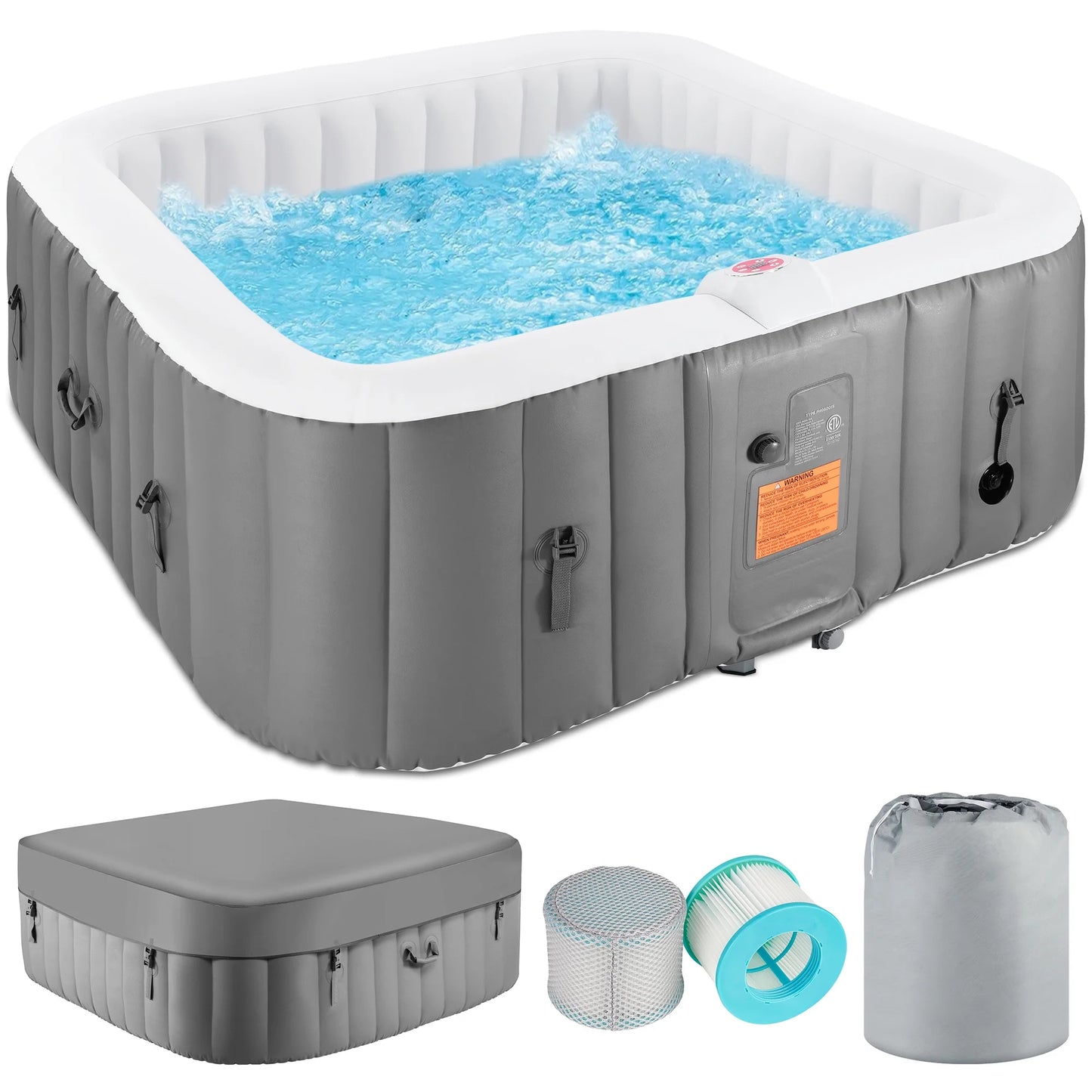 Nicetub 4-6 Person Outdoor Portable Inflatable Heated Hot Tub with 130 Bubble Jets, Square Inflatable Heated Pool Spa with Insulated Cover, Insulated Cover and Carry Bag, Gray