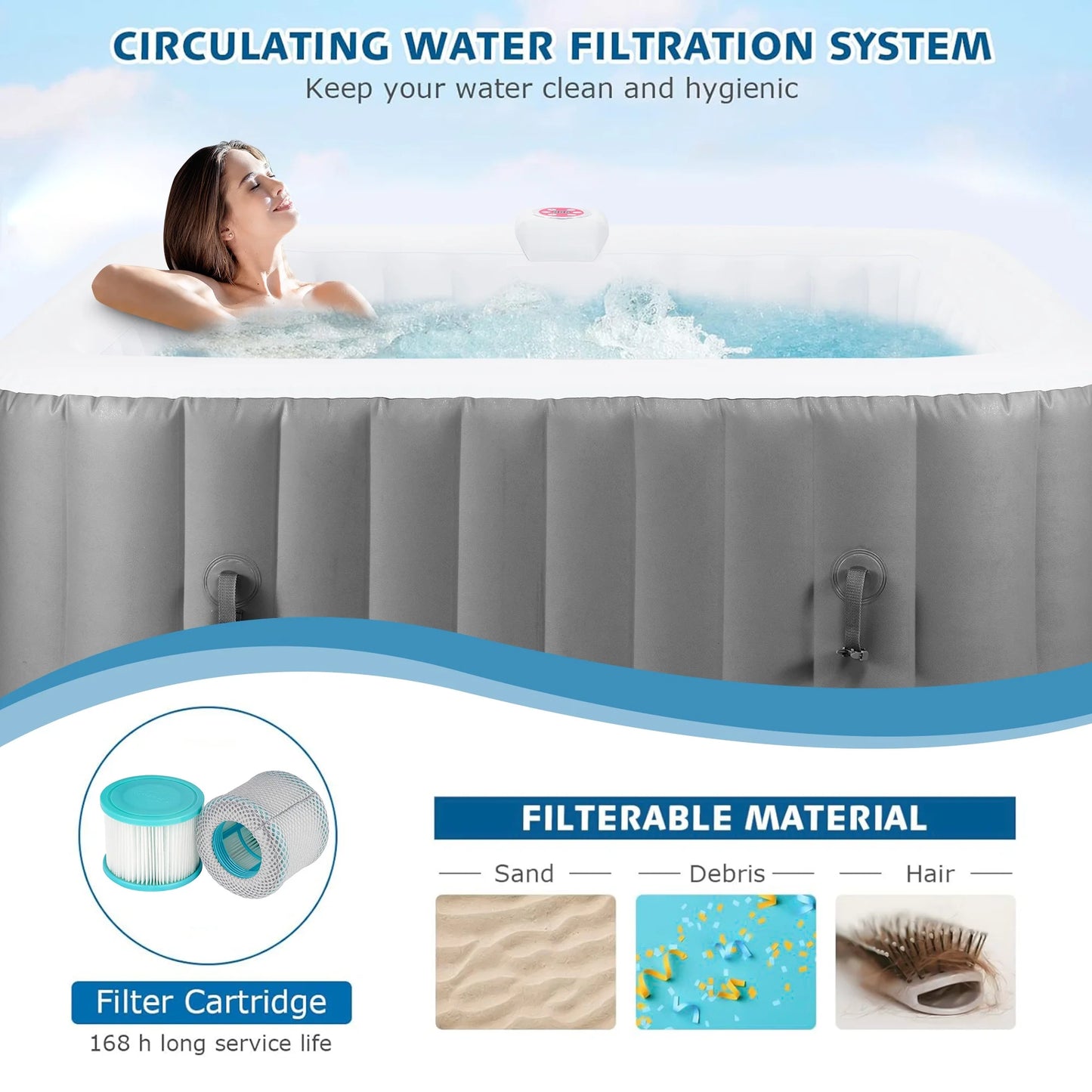 Nicetub 4-6 Person Outdoor Portable Inflatable Heated Hot Tub with 130 Bubble Jets, Square Inflatable Heated Pool Spa with Insulated Cover, Insulated Cover and Carry Bag, Gray