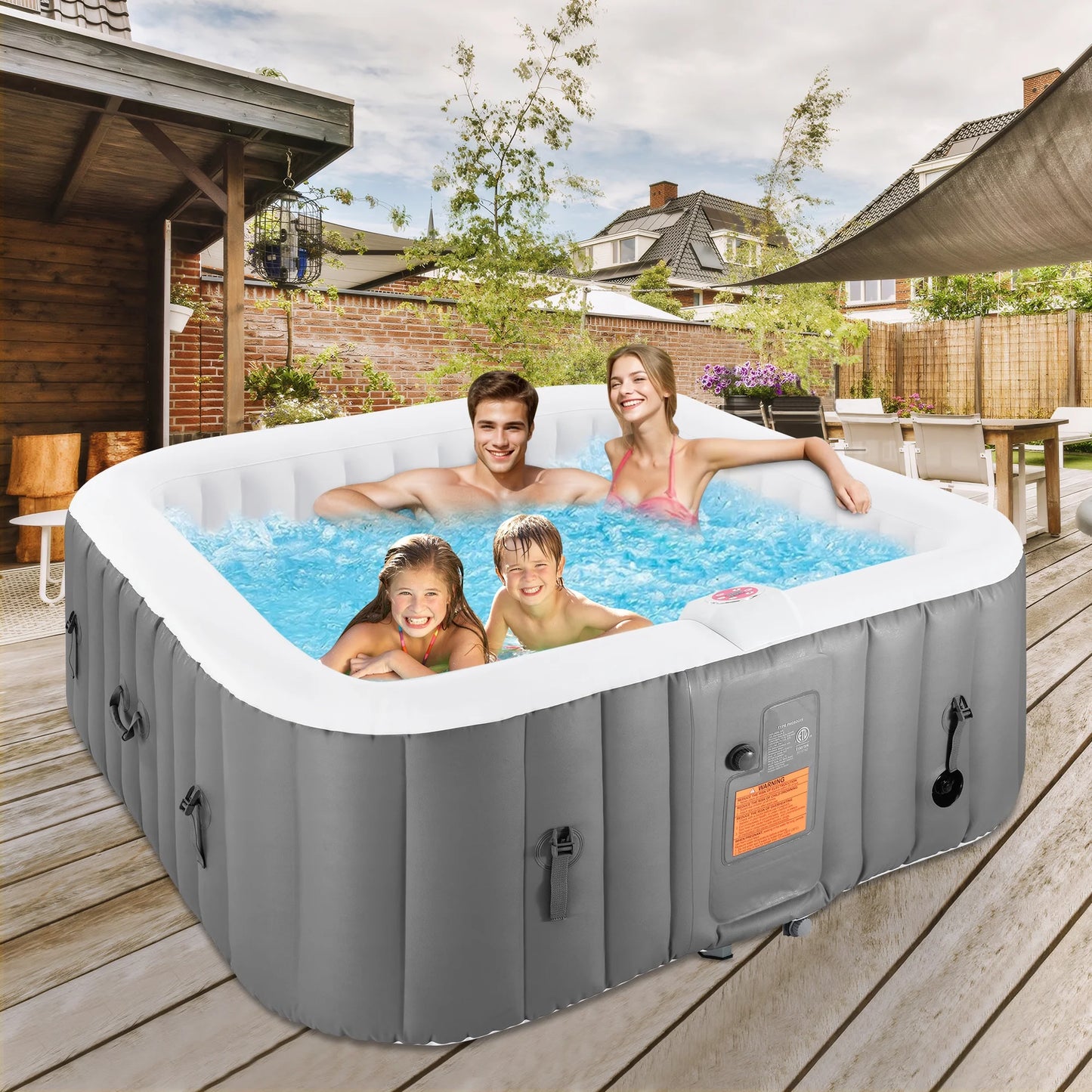 Nicetub 4-6 Person Outdoor Portable Inflatable Heated Hot Tub with 130 Bubble Jets, Square Inflatable Heated Pool Spa with Insulated Cover, Insulated Cover and Carry Bag, Gray